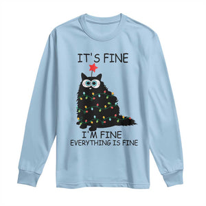 Funny Christmas Cat Long Sleeve Shirt It's Fine I'm Fine Everything Is Fine Meowy Catmas Xmas TS10 Light Blue Print Your Wear