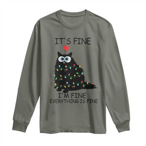 Funny Christmas Cat Long Sleeve Shirt It's Fine I'm Fine Everything Is Fine Meowy Catmas Xmas TS10 Military Green Print Your Wear