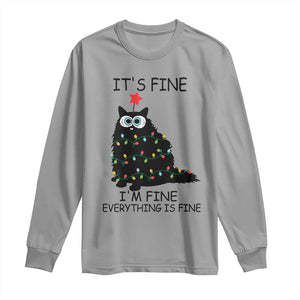 Funny Christmas Cat Long Sleeve Shirt It's Fine I'm Fine Everything Is Fine Meowy Catmas Xmas TS10 Sport Gray Print Your Wear