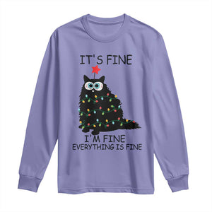 Funny Christmas Cat Long Sleeve Shirt It's Fine I'm Fine Everything Is Fine Meowy Catmas Xmas TS10 Violet Print Your Wear