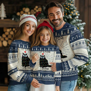 Funny Christmas Cat Ugly Christmas Sweater It's Fine I'm Fine Everything Is Fine Meowy Catmas Xmas TS10 Navy Print Your Wear