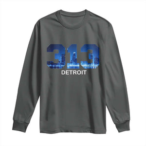 Vintage Detroit Michigan 313 Long Sleeve Shirt Area Code Skyline TS10 Dark Heather Print Your Wear