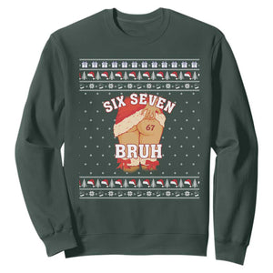 Funny Six Seven 6 7 Meme Ugly Christmas Sweatshirt Santa 67 Meme Xmas Pajamas TS10 Dark Forest Green Print Your Wear