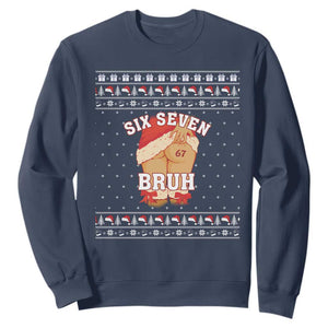 Funny Six Seven 6 7 Meme Ugly Christmas Sweatshirt Santa 67 Meme Xmas Pajamas TS10 Navy Print Your Wear