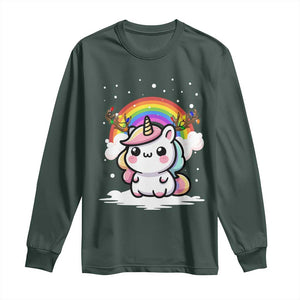 Unicorn Christmas Long Sleeve Shirt Cute Xmas Girls Rainbow TS10 Dark Forest Green Print Your Wear