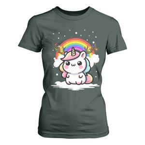 Unicorn Christmas T Shirt For Women Cute Xmas Girls Rainbow TS10 Dark Forest Green Print Your Wear