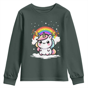 Unicorn Christmas Youth Sweatshirt Cute Xmas Girls Rainbow TS10 Dark Forest Green Print Your Wear