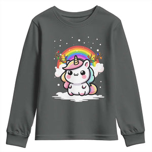 Unicorn Christmas Youth Sweatshirt Cute Xmas Girls Rainbow TS10 Dark Heather Print Your Wear