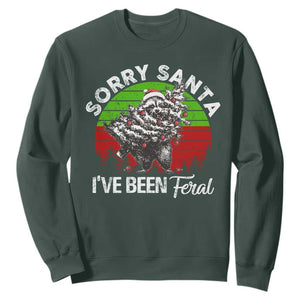 Raccoon Christmas Sweatshirt Sorry Santa I've Been Feral Retro Xmas Tree TS10 Dark Forest Green Print Your Wear