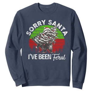 Raccoon Christmas Sweatshirt Sorry Santa I've Been Feral Retro Xmas Tree TS10 Navy Print Your Wear