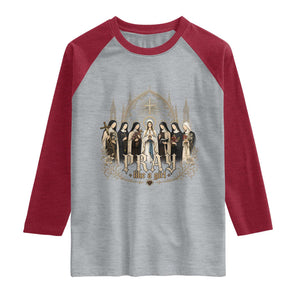 Catholic Saint Raglan Shirt Pray Like A Girl Vintage Christian Faith Inspired TS10 Heather Gray Heather Red Print Your Wear