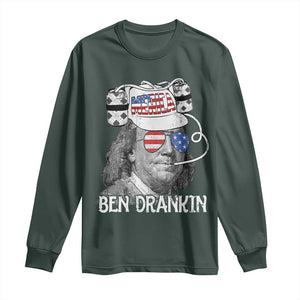 4th of July Ben Drankin Long Sleeve Shirt Funny Benjamin Franklin USA Flag TS10 Dark Forest Green Print Your Wear
