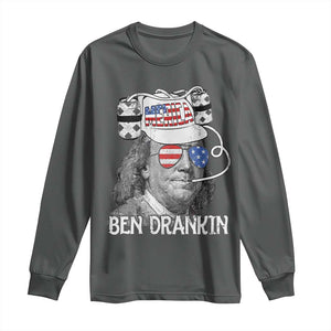 4th of July Ben Drankin Long Sleeve Shirt Funny Benjamin Franklin USA Flag TS10 Dark Heather Print Your Wear