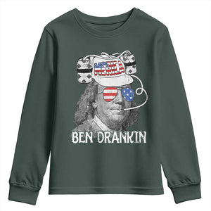 4th of July Ben Drankin Youth Sweatshirt Funny Benjamin Franklin USA Flag TS10 Dark Forest Green Print Your Wear