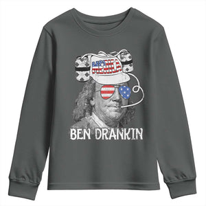 4th of July Ben Drankin Youth Sweatshirt Funny Benjamin Franklin USA Flag TS10 Dark Heather Print Your Wear