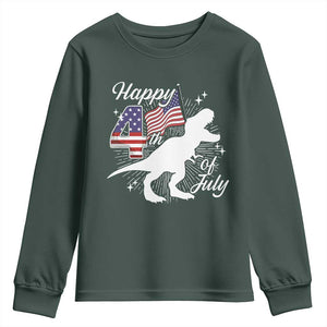 Dinosaur Happy 4th of July Youth Sweatshirt Patriotic American Flag USA TS10 Dark Forest Green Print Your Wear