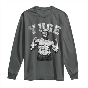 Yuge Muscular Flex Trump Long Sleeve Shirt Funny Patriotic Vintage Workout Gym Weight Lifting Motivational TS10 Dark Heather Print Your Wear