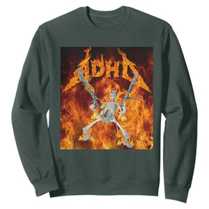 Funny Skeleton ADHD Sweatshirt Meme Flames Neurodivergent Gen Z TS10 Dark Forest Green Print Your Wear
