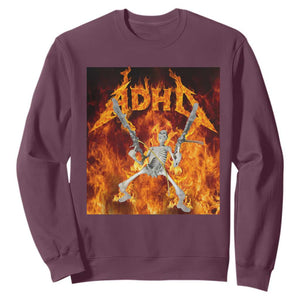 Funny Skeleton ADHD Sweatshirt Meme Flames Neurodivergent Gen Z TS10 Maroon Print Your Wear