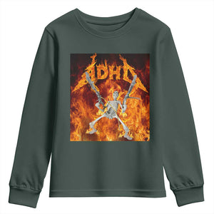 Funny Skeleton ADHD Youth Sweatshirt Meme Flames Neurodivergent Gen Z TS10 Dark Forest Green Print Your Wear