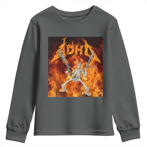 Funny Skeleton ADHD Youth Sweatshirt Meme Flames Neurodivergent Gen Z TS10 Dark Heather Print Your Wear
