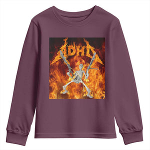 Funny Skeleton ADHD Youth Sweatshirt Meme Flames Neurodivergent Gen Z TS10 Maroon Print Your Wear