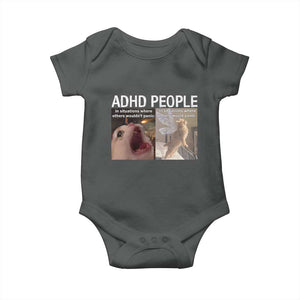 ADHD Cat Meme Baby Onesie Funny Panic Cat Mental Health Awareness TS10 Dark Heather Print Your Wear