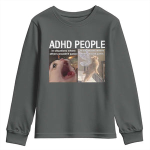 ADHD Cat Meme Youth Sweatshirt Funny Panic Cat Mental Health Awareness TS10 Dark Heather Print Your Wear