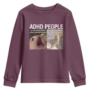 ADHD Cat Meme Youth Sweatshirt Funny Panic Cat Mental Health Awareness TS10 Maroon Print Your Wear
