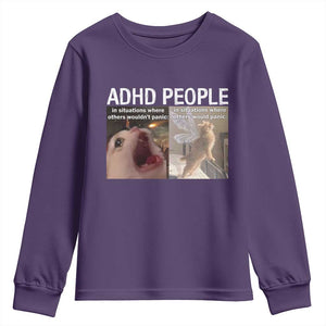 ADHD Cat Meme Youth Sweatshirt Funny Panic Cat Mental Health Awareness TS10 Purple Print Your Wear