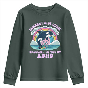 Side Quest ADHD Youth Sweatshirt Funny Neurodivergent Meme TS10 Dark Forest Green Print Your Wear