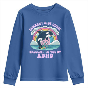 Side Quest ADHD Youth Sweatshirt Funny Neurodivergent Meme TS10 Royal Blue Print Your Wear