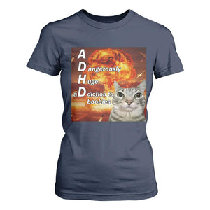 ADHD Cat Meme T Shirt For Women Funny Kitty Flames Neurodivergent Gen Z TS10 Navy Print Your Wear
