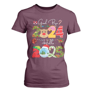 New Year 2025 T Shirt For Women Merry Christmas Good Bye 2024 Hello 2025 TS10 Maroon Print Your Wear