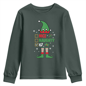 67 Christmas Youth Sweatshirt Funny Six Seven Meme Brainrot Nice Naughty 6 7 Elf Custome TS10 Dark Forest Green Print Your Wear