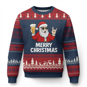 Merry Xmas Funny Santa Drinking Beer Ugly Christmas Sweater TS10 Navy Red Print Your Wear