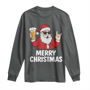 Merry Christmas Funny Santa Drinking Beer Long Sleeve Shirt TS10 Dark Heather Print Your Wear