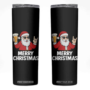 Merry Christmas Funny Santa Drinking Beer Skinny Tumbler TS10 Black Print Your Wear