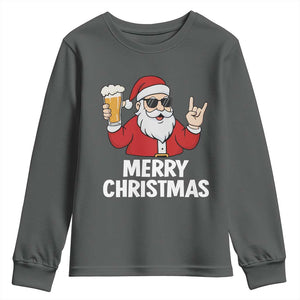 Merry Christmas Funny Santa Drinking Beer Youth Sweatshirt TS10 Dark Heather Print Your Wear