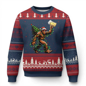 Santa Bigfoot Xmas Tree Ugly Christmas Sweater Xmas Lights Funny Sasquatch Beer TS10 Navy Red Print Your Wear