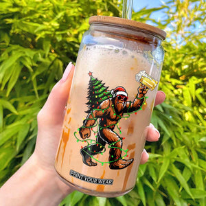 Santa Bigfoot Christmas Tree Glass Can Xmas Lights Funny Sasquatch Beer TS10 Black Print Your Wear