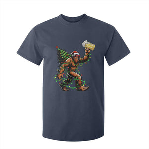 Santa Bigfoot Christmas Tree T Shirt For Kid Xmas Lights Funny Sasquatch Beer TS10 Navy Print Your Wear