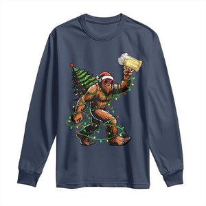 Santa Bigfoot Christmas Tree Long Sleeve Shirt Xmas Lights Funny Sasquatch Beer TS10 Navy Print Your Wear