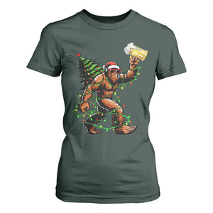 Santa Bigfoot Christmas Tree T Shirt For Women Xmas Lights Funny Sasquatch Beer - Print Your Wear