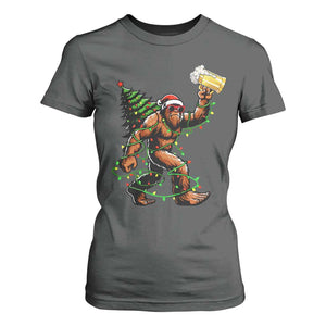 Santa Bigfoot Christmas Tree T Shirt For Women Xmas Lights Funny Sasquatch Beer - Print Your Wear