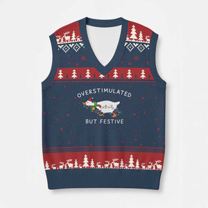 Overstimulated But Festive Goose Xmas V-Neck Knit Sweater Vest Funny Holiday Meme TS10 Navy Red Print Your Wear
