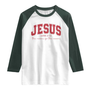 Jesus is the Reason Christmas Raglan Shirt Christian Varsity TS10 White Dark Forest Green Print Your Wear
