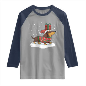 Christmas Dachshund Raglan Shirt Funny Weiner Santa Hat Xmas Dog Puppy Lover TS10 Sport Gray Navy Print Your Wear