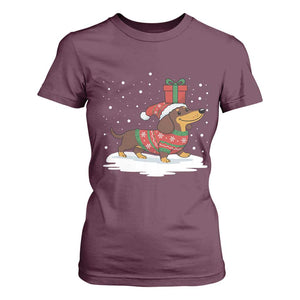 Christmas Dachshund T Shirt For Women Funny Weiner Santa Hat Xmas Dog Puppy Lover TS10 Maroon Print Your Wear