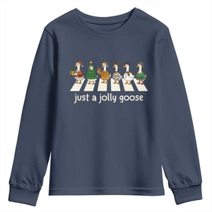 Just A Jolly Goose Youth Sweatshirt Funny Christmas Duck Meme TS10 Navy Print Your Wear